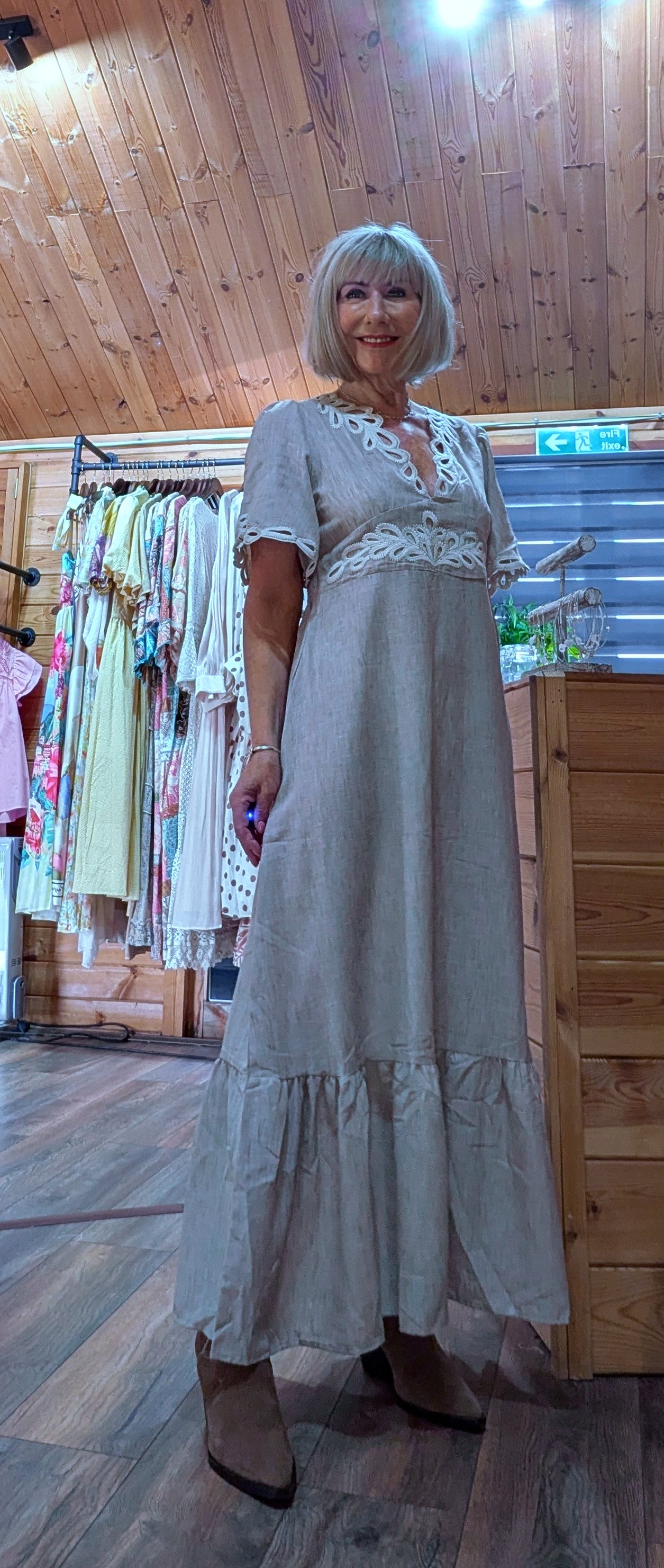 Azora beige embroidered linen blend midi dress