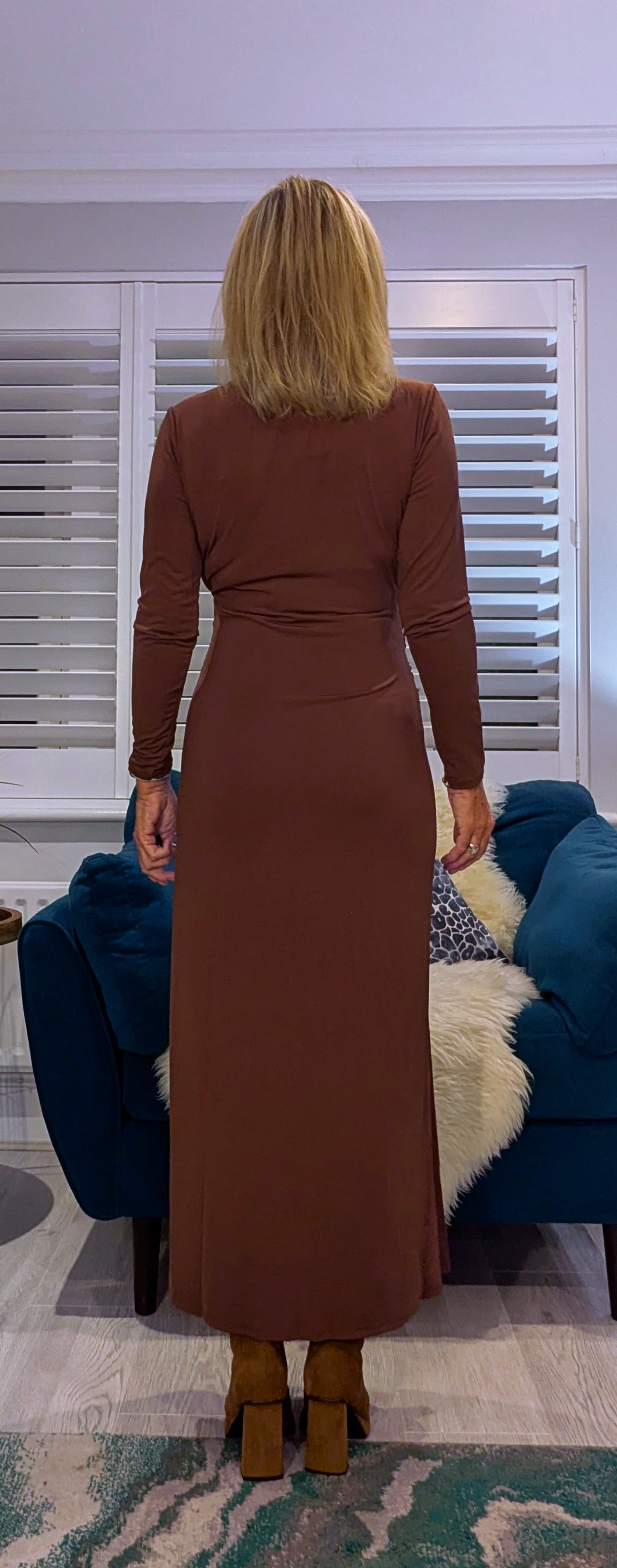 Rusty Ruched Dress – Rust with Drop Waist -Slash Neck