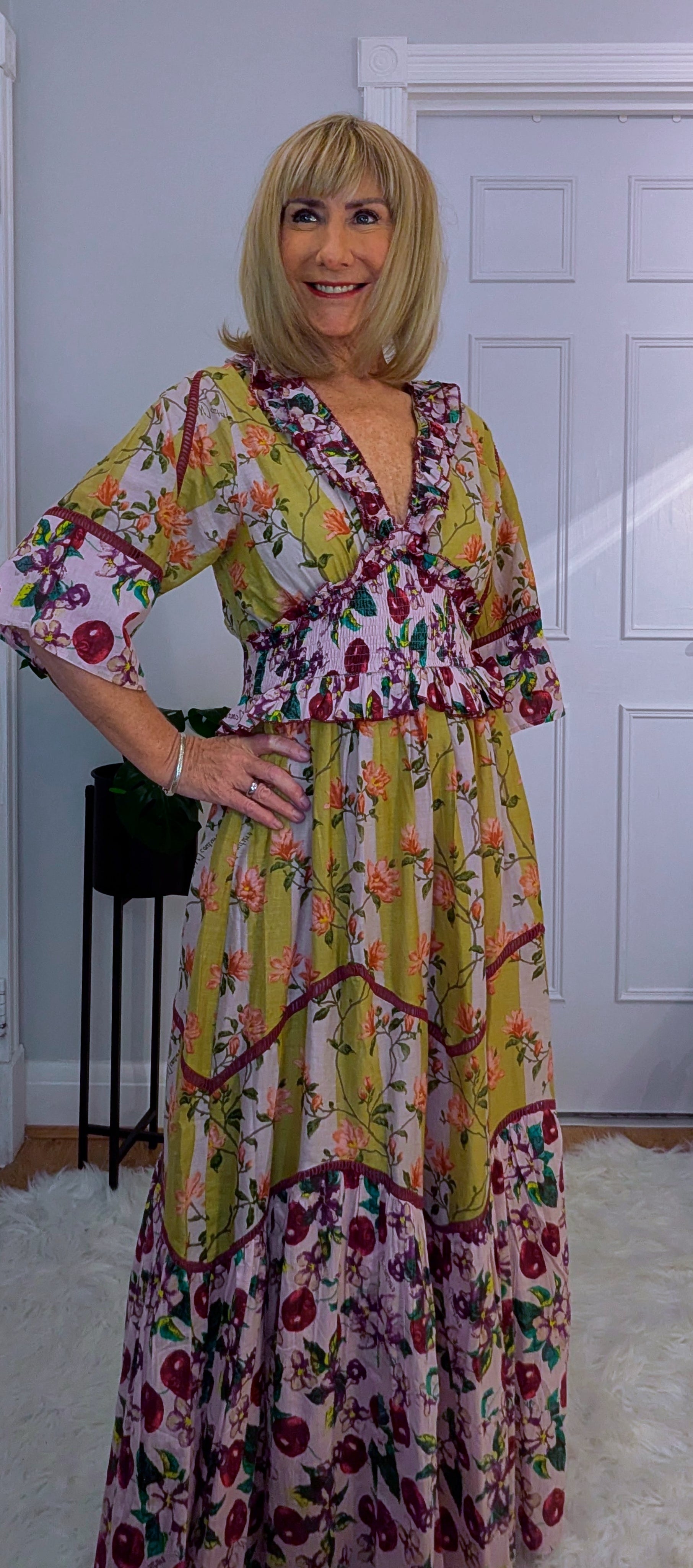 Felicity Bohemian Maxi  Dress in Maroon and Gold Shirred Waist