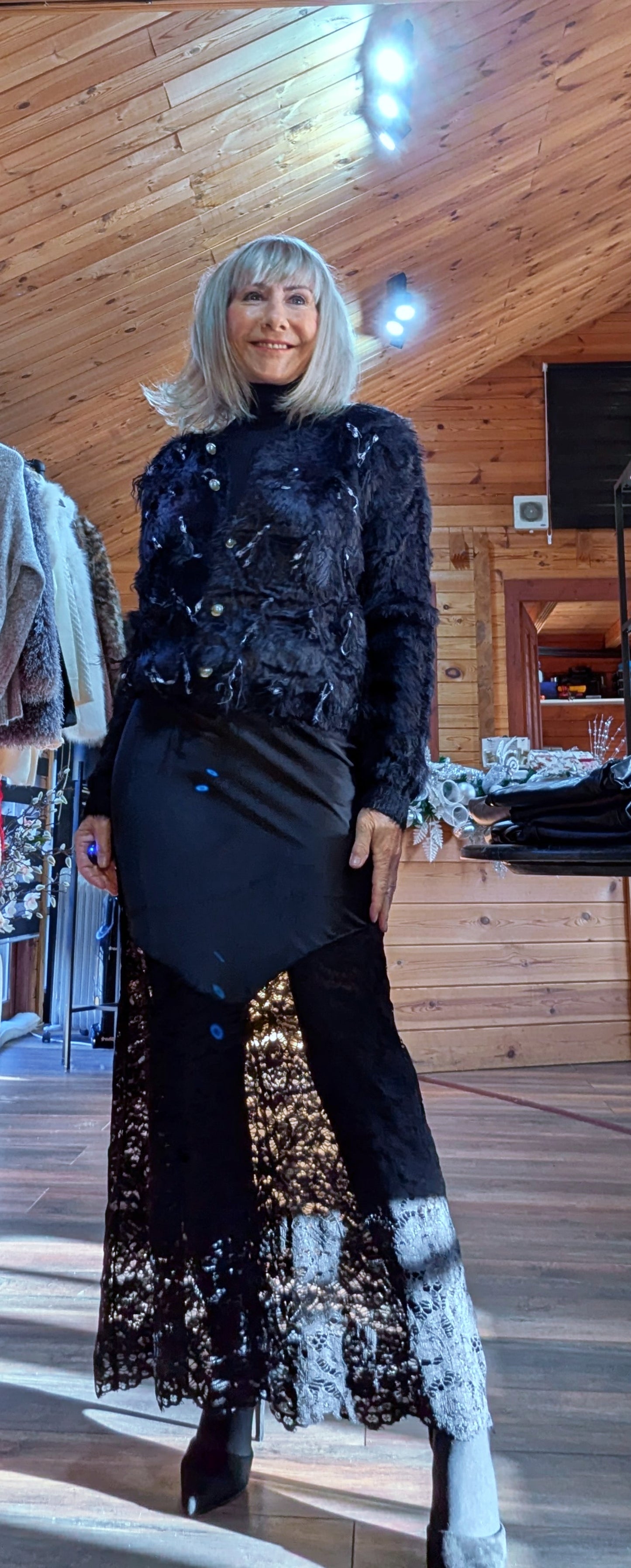 Shylo Black Faux Fur Look Evening Cardigan – Pearl Sparkle Button