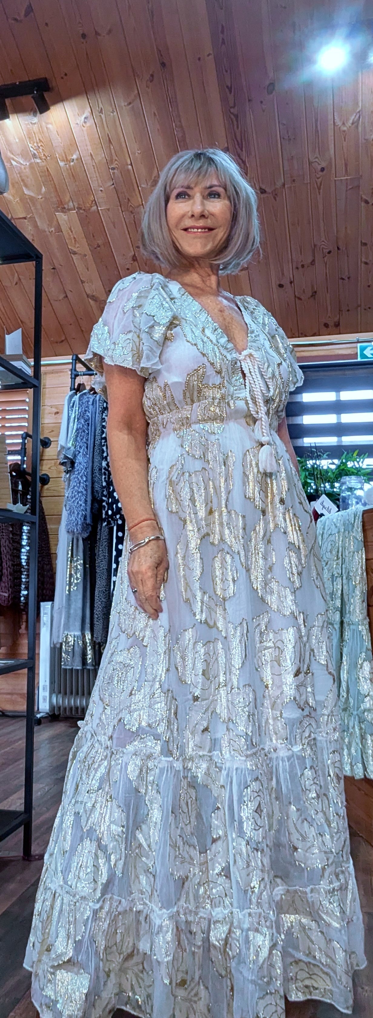 Milana gold rose embossed maxi dress in soft beige