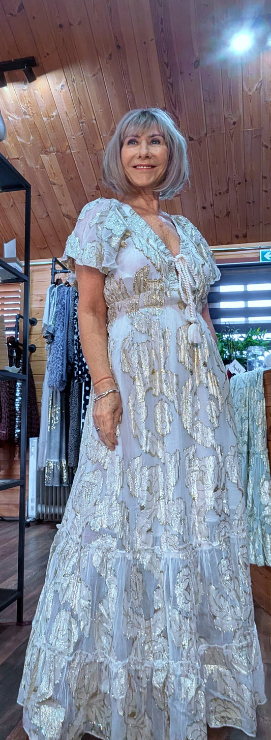 Milana Gold Rose Embossed Bohemian Maxi Dress Soft Beige