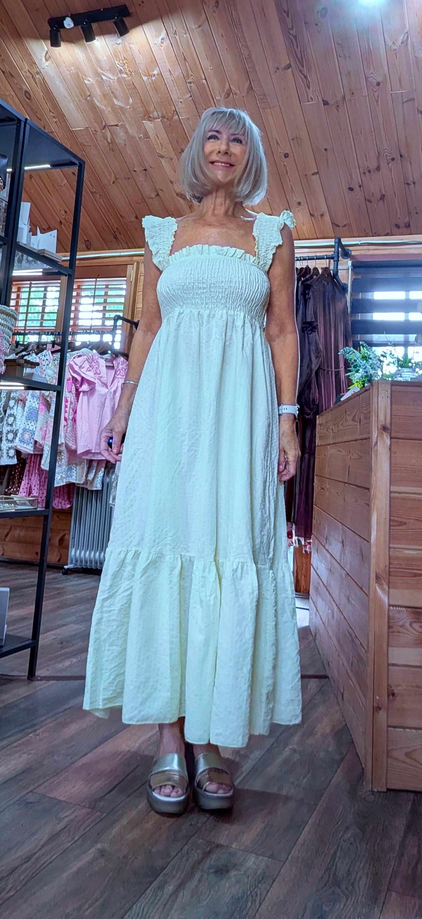 Shirred  ginghamcotton sundress with floaty tiered skirt yellow