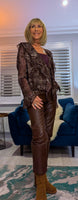 Emery Sheer Blouse – Coffee & Taupe Swirl with Frilled V-Neck