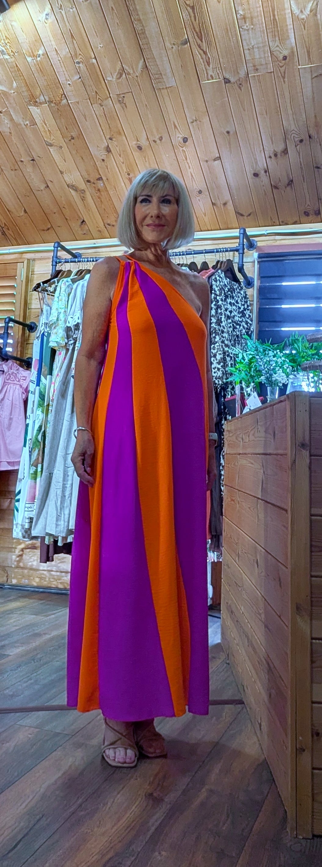 elegant bold coloured summer dress with off the shoulder