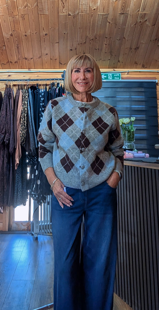 Women’s argyle cardigan in blue grey and chocolate tones