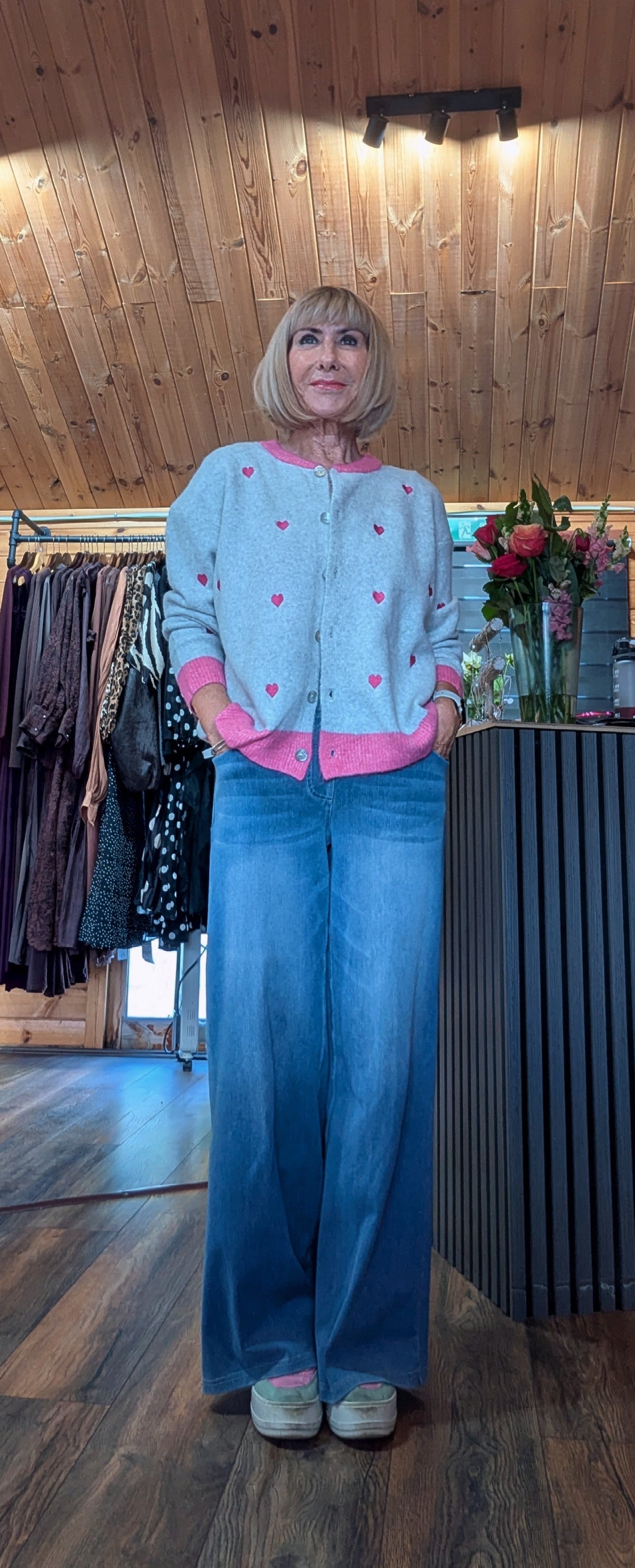 Zoe soft knit cardigan with pink hearts and round neckline