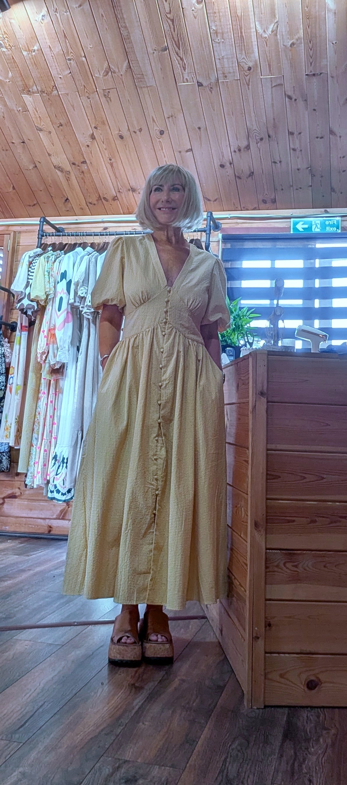 Bethany Yellow Gingham Midi Dress worn by ditsydi  with chunky mules