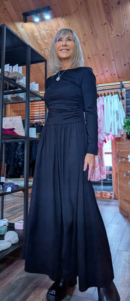 Isla Jersey Dress – Ruched Waist & Flared Skirt