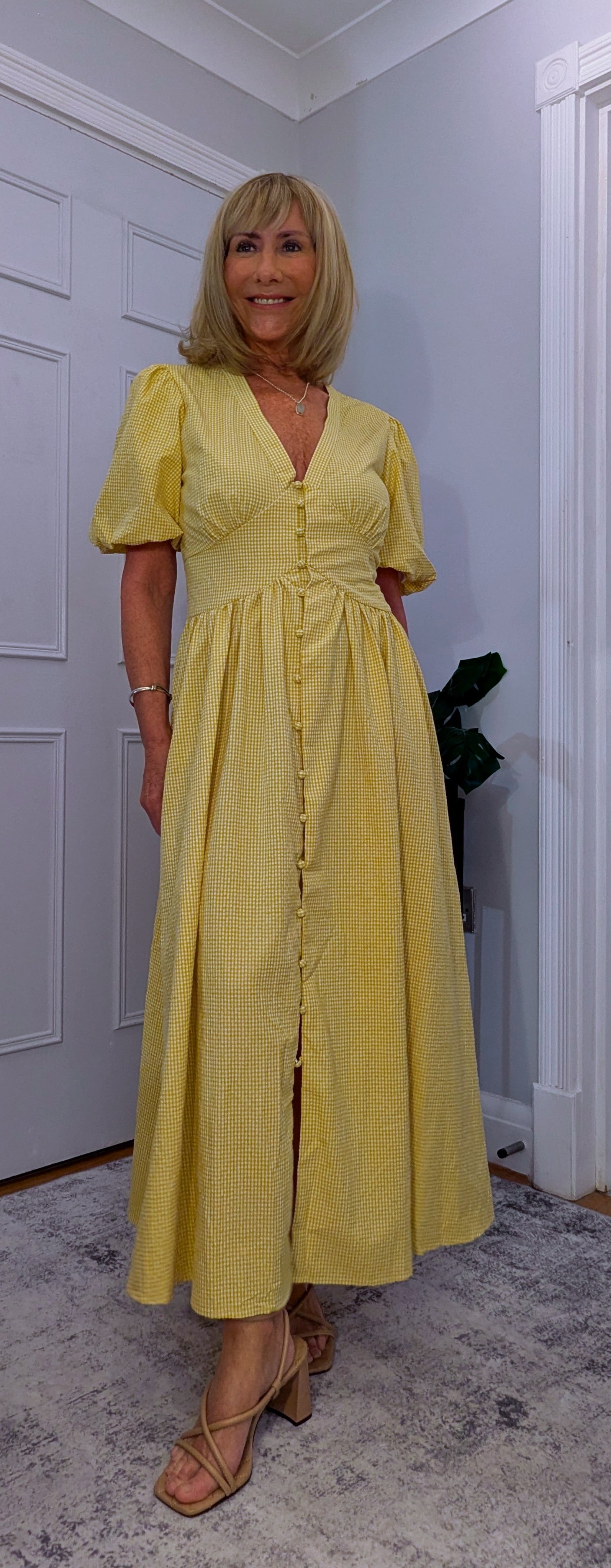 Bethany Yellow Gingham Midi Dress – Vintage Puff Sleeve Style