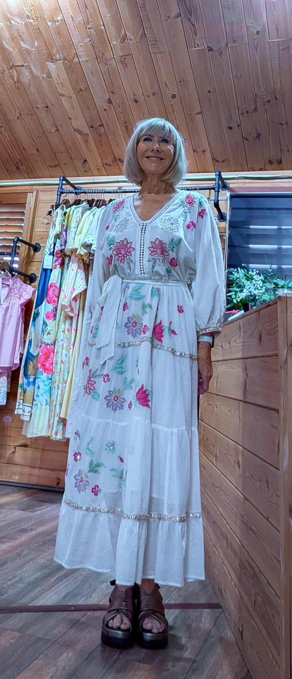 White cotton bohemian dress with colouful embroidery and tie belt