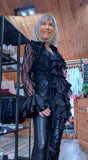 Vivienne Black Lace Blouse – Satin Ruffle Detail & Flared Sleeves