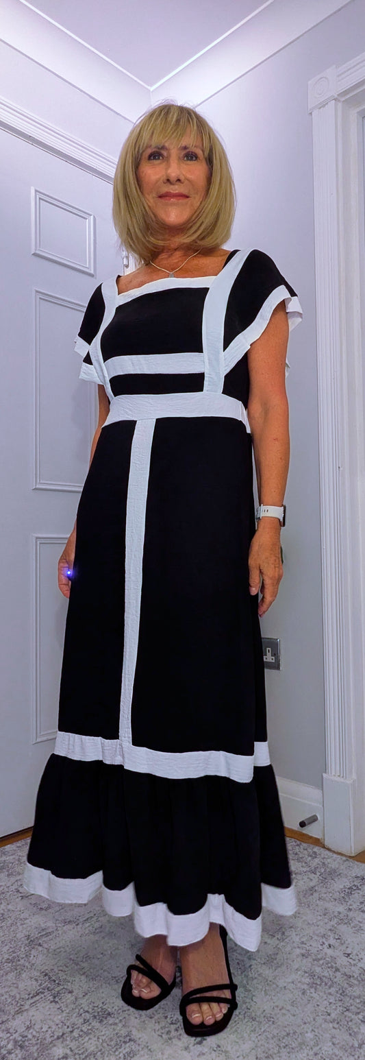 Waverley  Dress in Black  A Midi Dress with White Block Edge