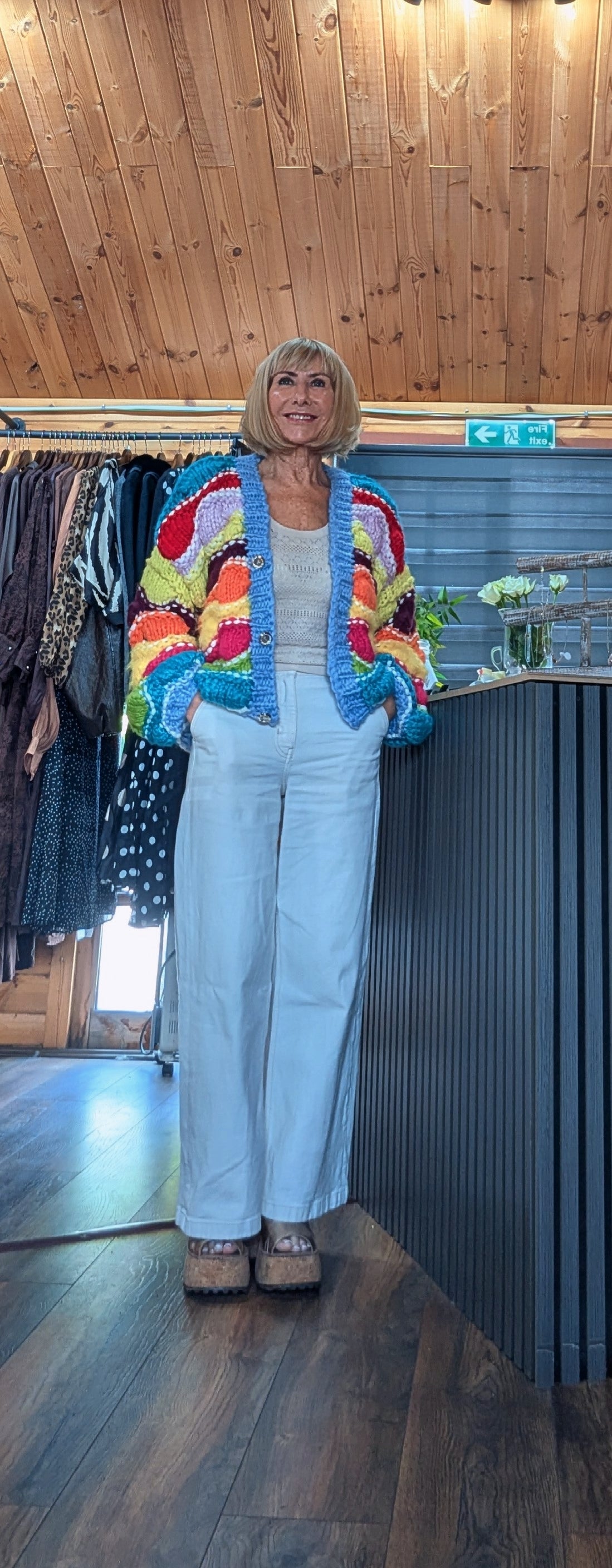 Lulu colourful button front cardigan with wave pattern