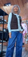Colleen Sleeveless Cardigan – Cocoa with Ivory Border & Gold Buttons