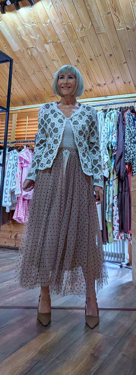 Tabitha Polka Dot Tulle Skirt – Taupe Romantic Maxi Skirt