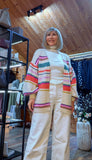 Valerie Chunky  Cardigan  With Balloon Sleeves– Cream with Multicoloured Stripes