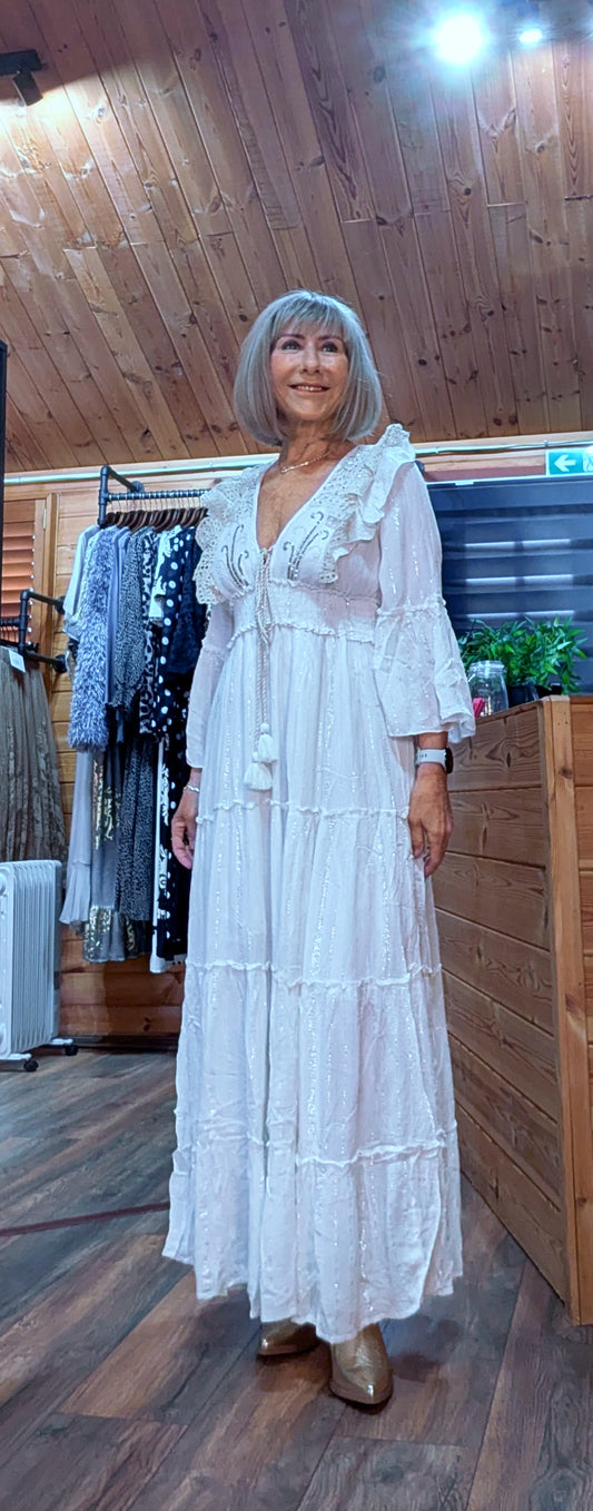 Julianna  White Bohemian Dress with Floral Embroidery