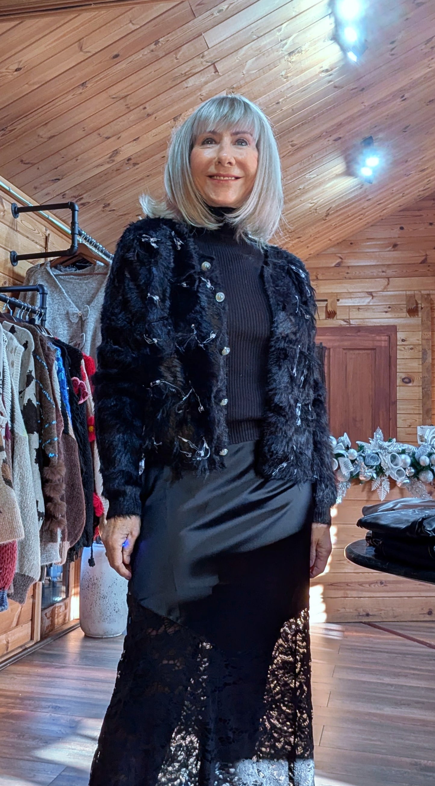 Shylo Black Faux Fur Look Evening Cardigan – Pearl Sparkle Button