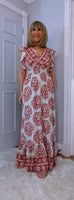 Nolan Boho Maxi Dress –Pink & Ecru, Flutter Sleeves, Elasticated Waist