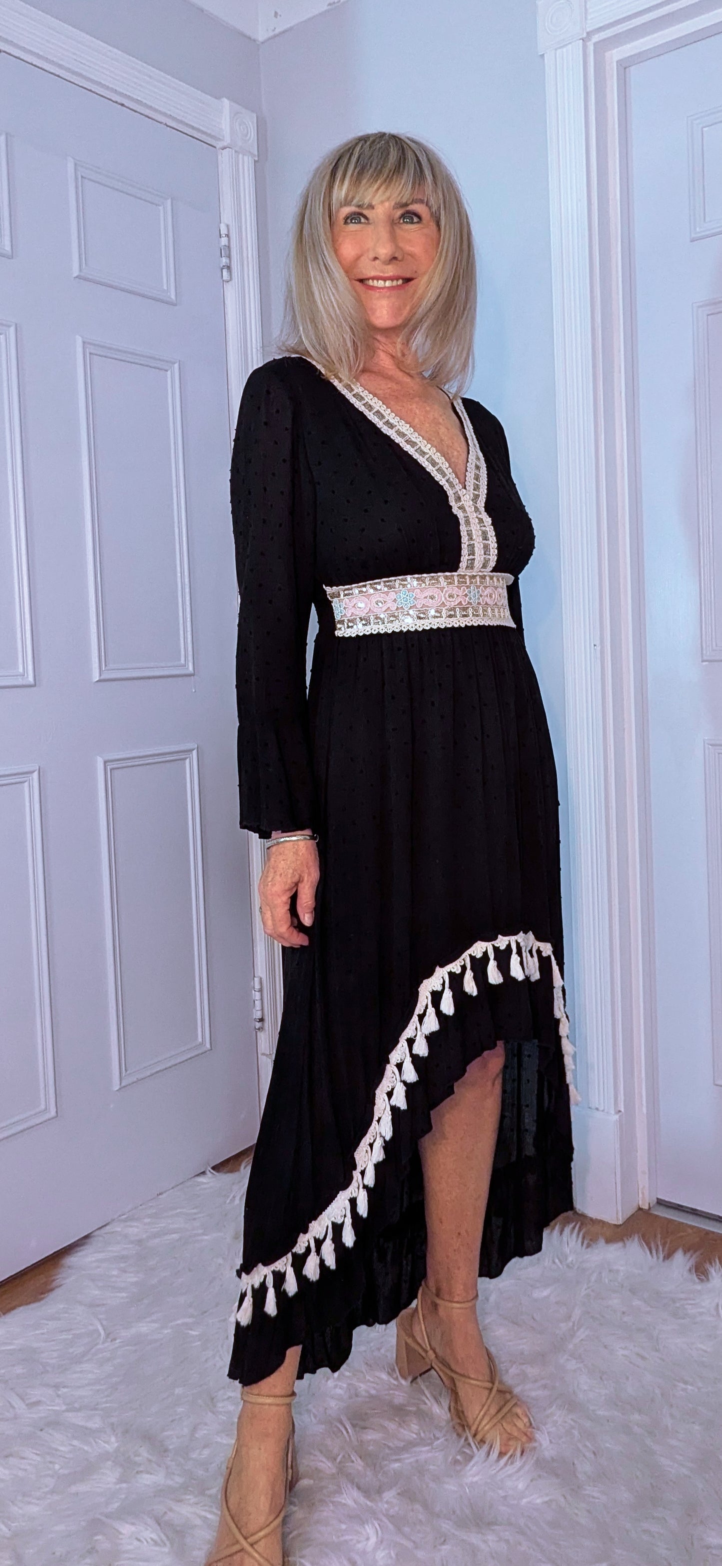 Philly High-Low Boho Dress – Black with Ivory  Pink Sequin Detail