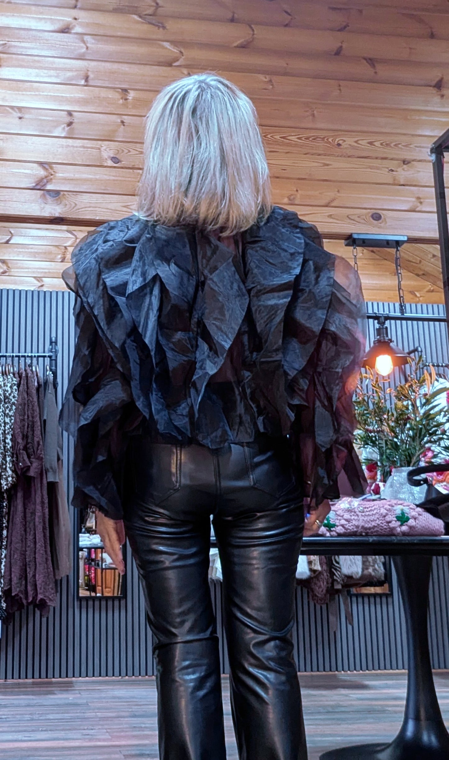 Prunella Black Ruffle Blouse – Tie Neck -Balloon Sleeves