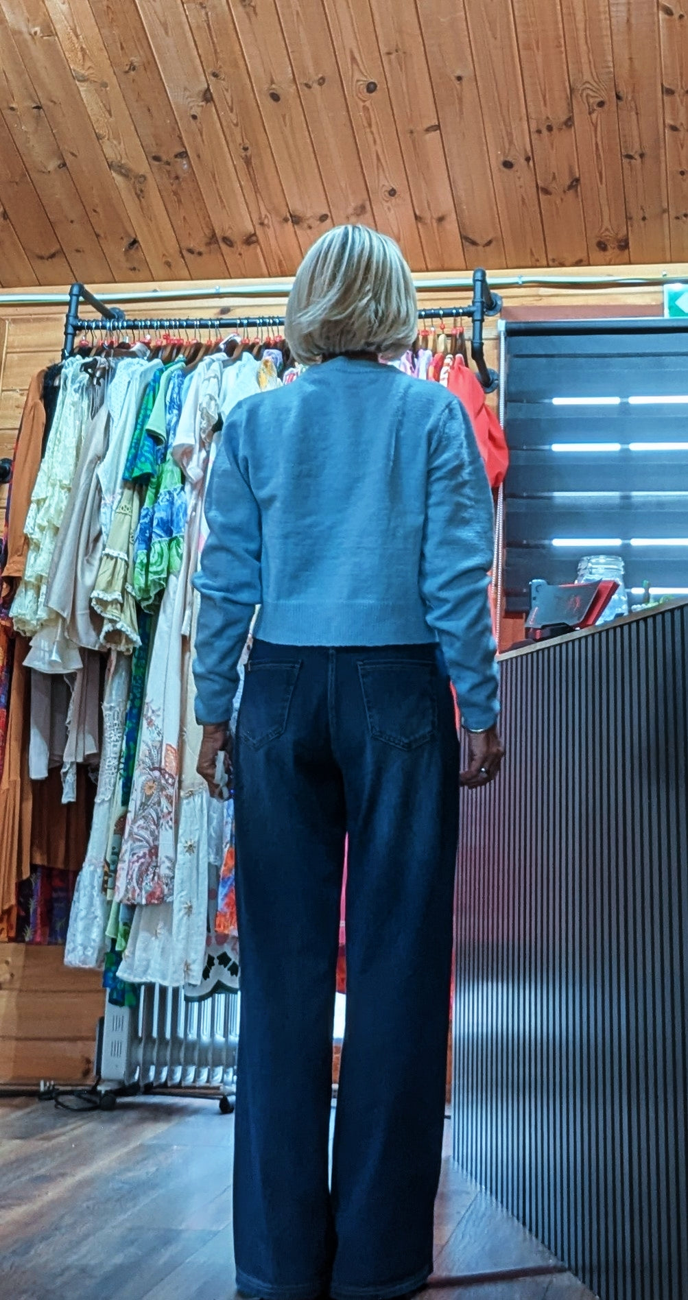 Back view of Sophie Cardigan worn with jeans by ditsydi