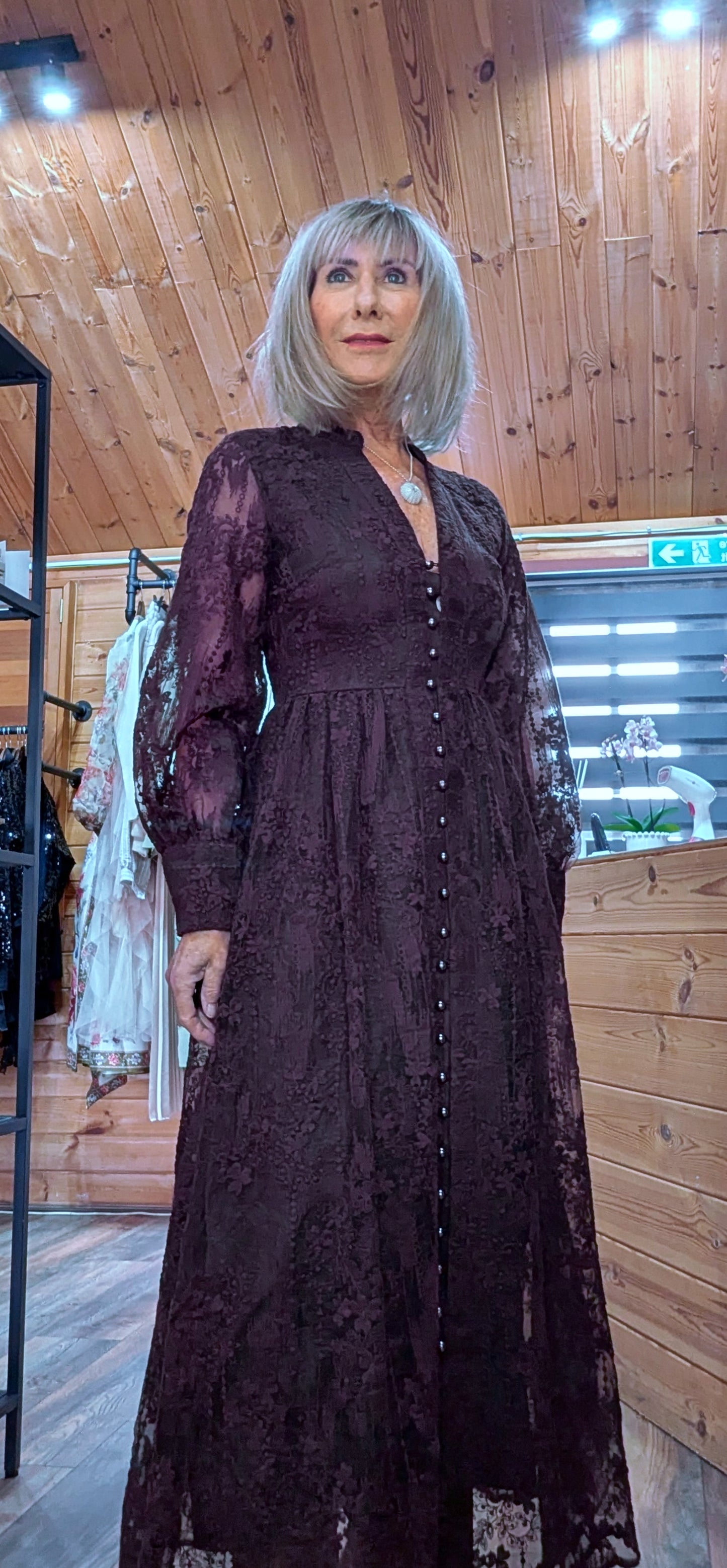 Marsha Coffee Lace Smock Dress – Pearl Button Front - Grandad Collar