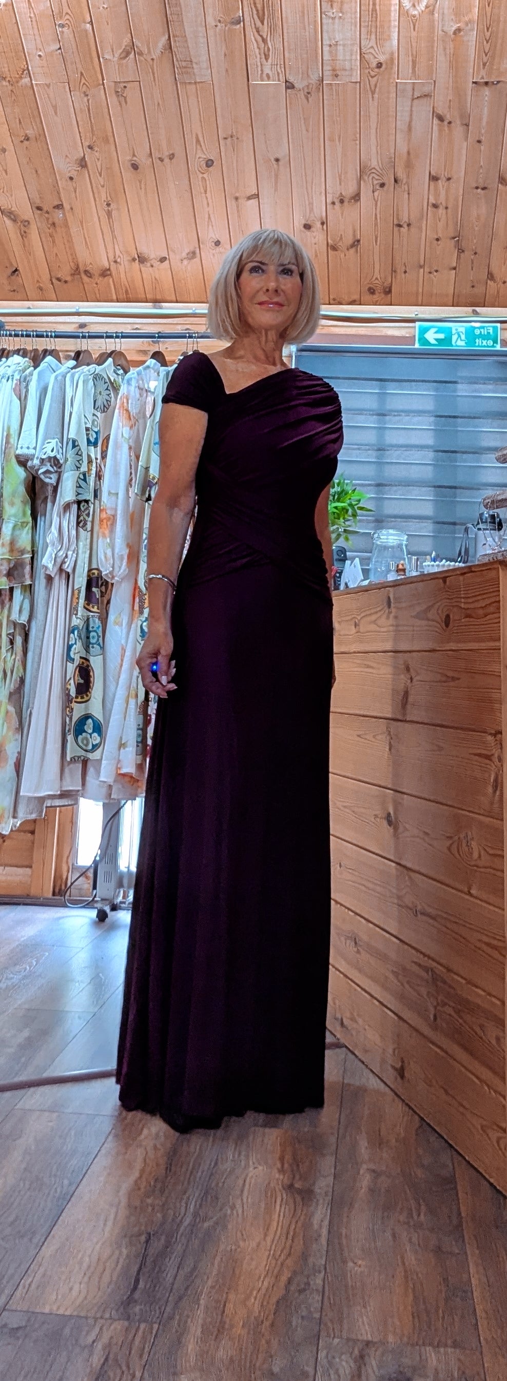 Imogen burgundy occasion dress with side gathering and capped sleeves styled by ditsydi