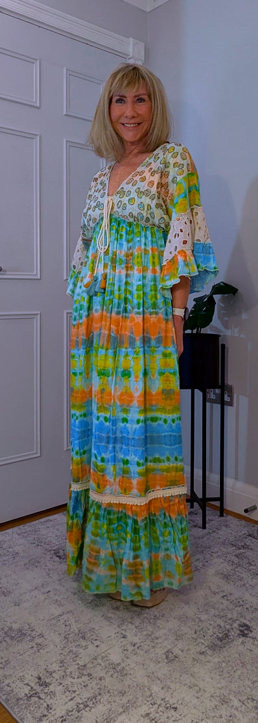 Antonia Bohemian Dress in Turquoise Tie-Dye With Tassel Ties