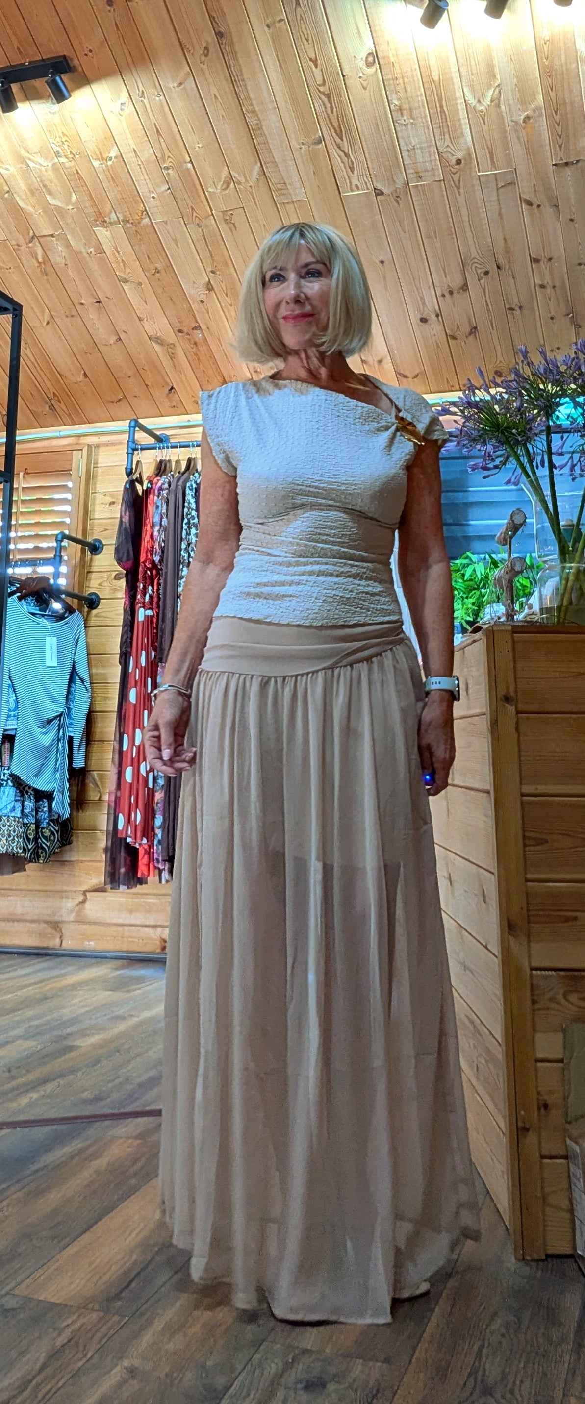 Full length view of Tonia Boho Draped Waist Skirt lined to the knee with front split