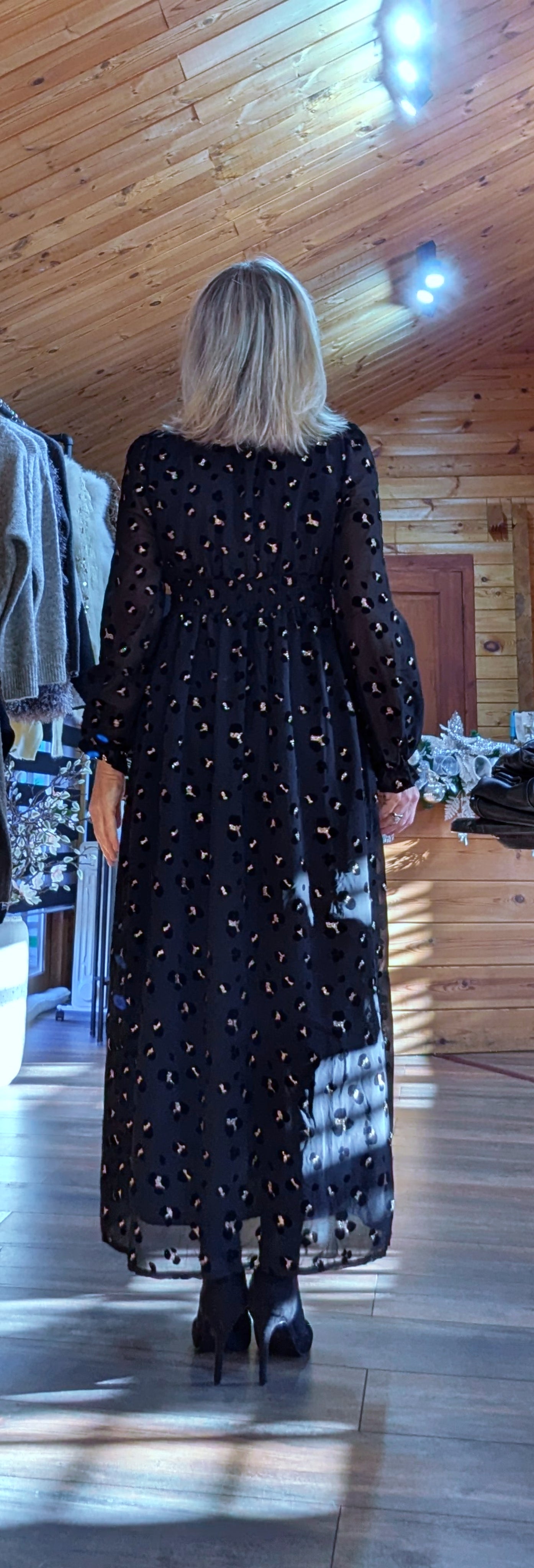 Lillie Black and Gold Sequin Velvet Dress – Leopard Print, Fully Lined