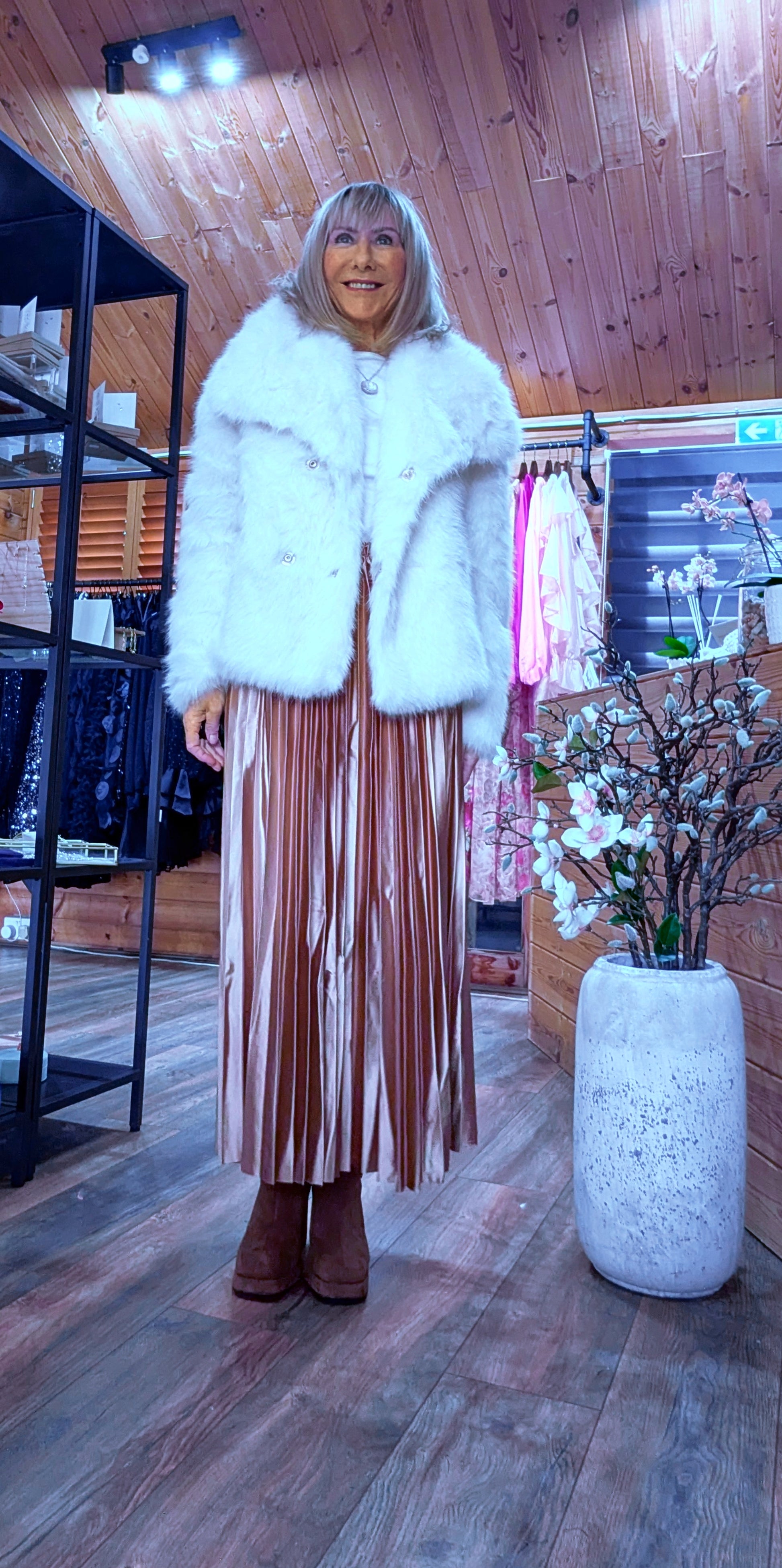 Guinevere Faux Fur Jacket – Double Breasted in Ivory