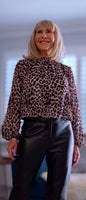 Carrie Animal Print High Neck Blouse with Long Sleeves & Ruched Hem