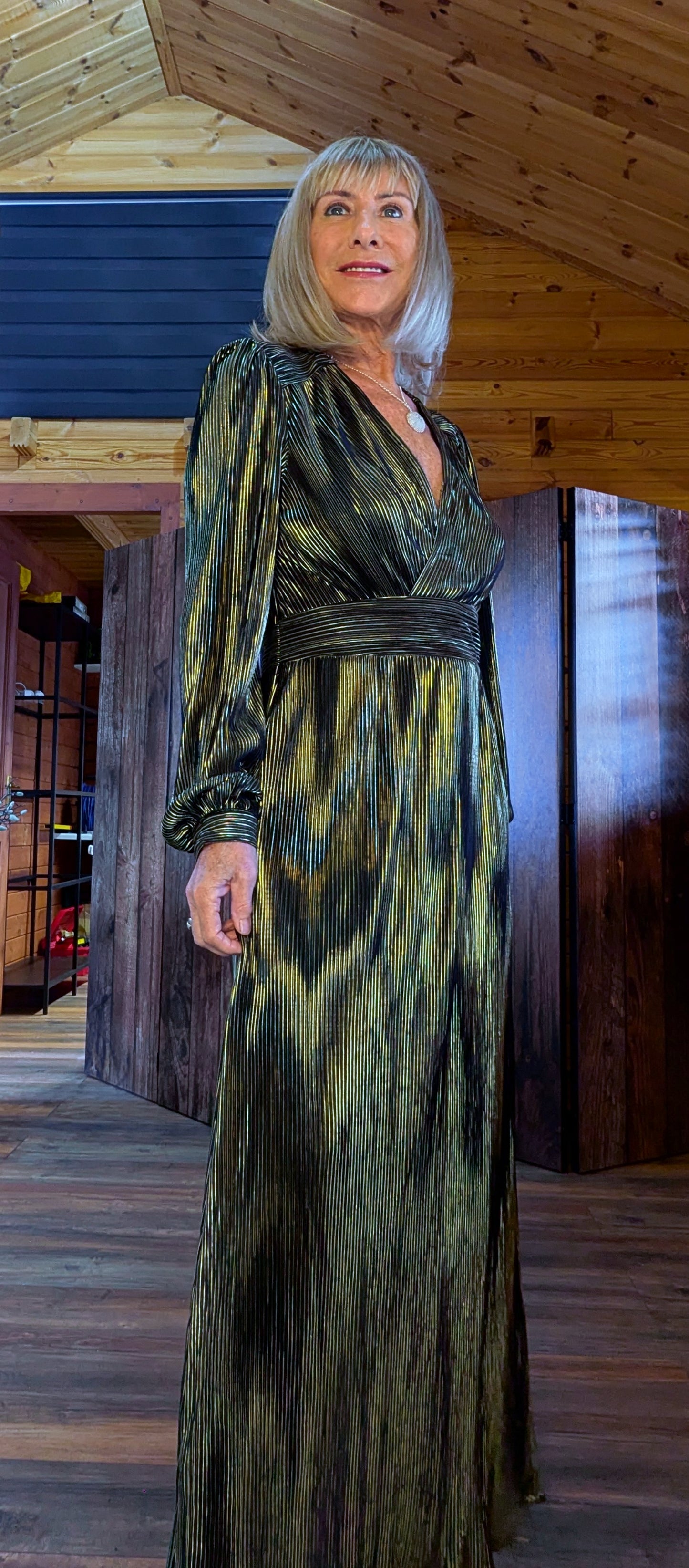 Donatella Gold and  Black Dress – Tailored Fit with Wrap Bust