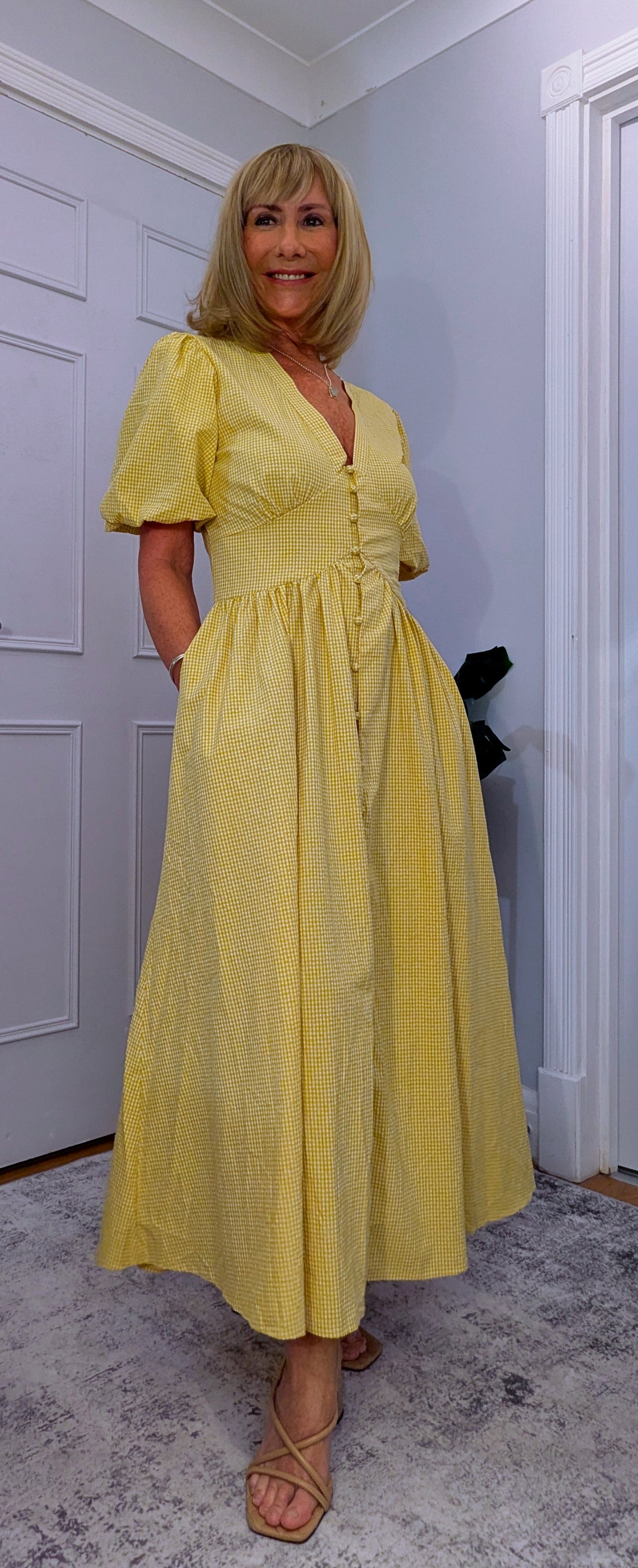 Bethany Yellow Gingham Midi Dress – Vintage Puff Sleeve Style