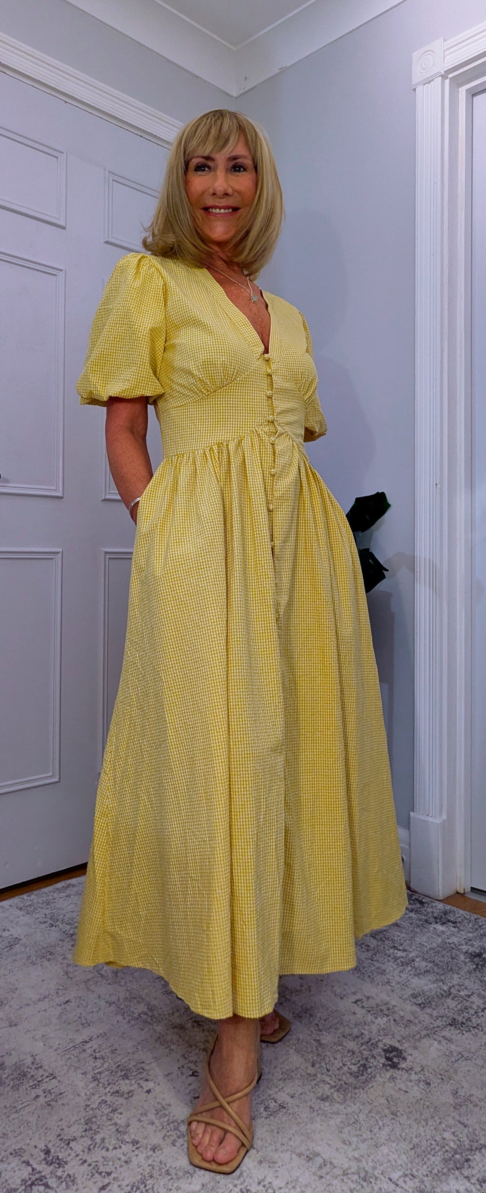 Bethany Yellow Gingham Midi Dress – Vintage Puff Sleeve Style