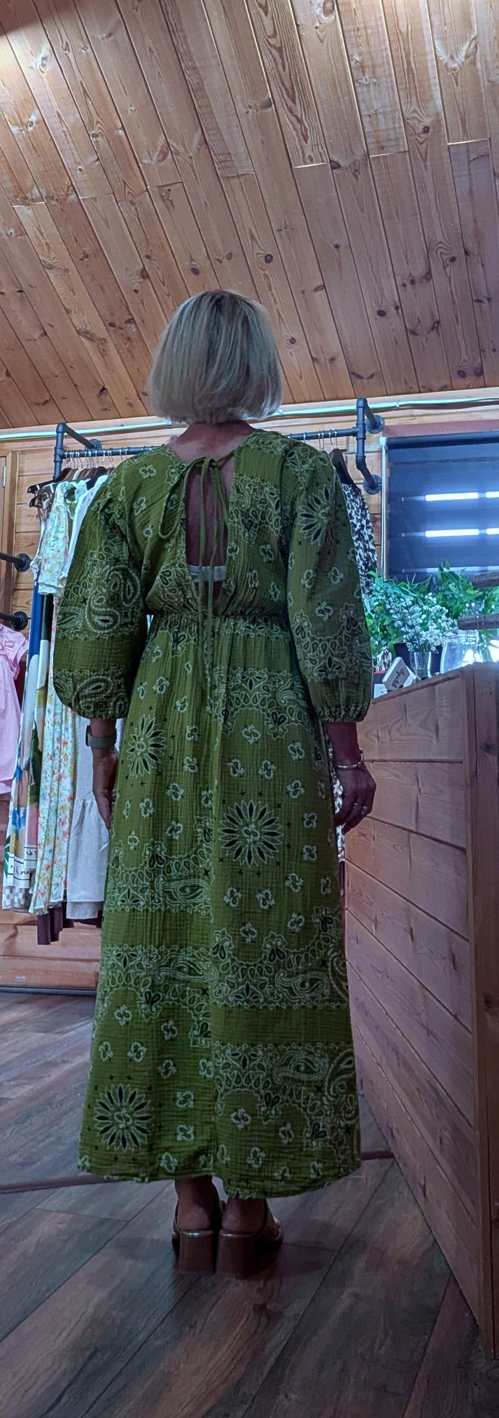 Rear view Antonio Printed Cotton Maxi Dress – Lime Green