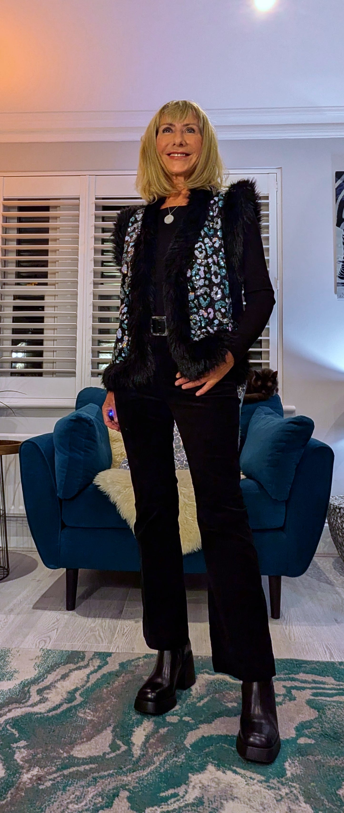 Ella Faux Fur Trim Sleeveless Cardigan with Aqua Animal Print 