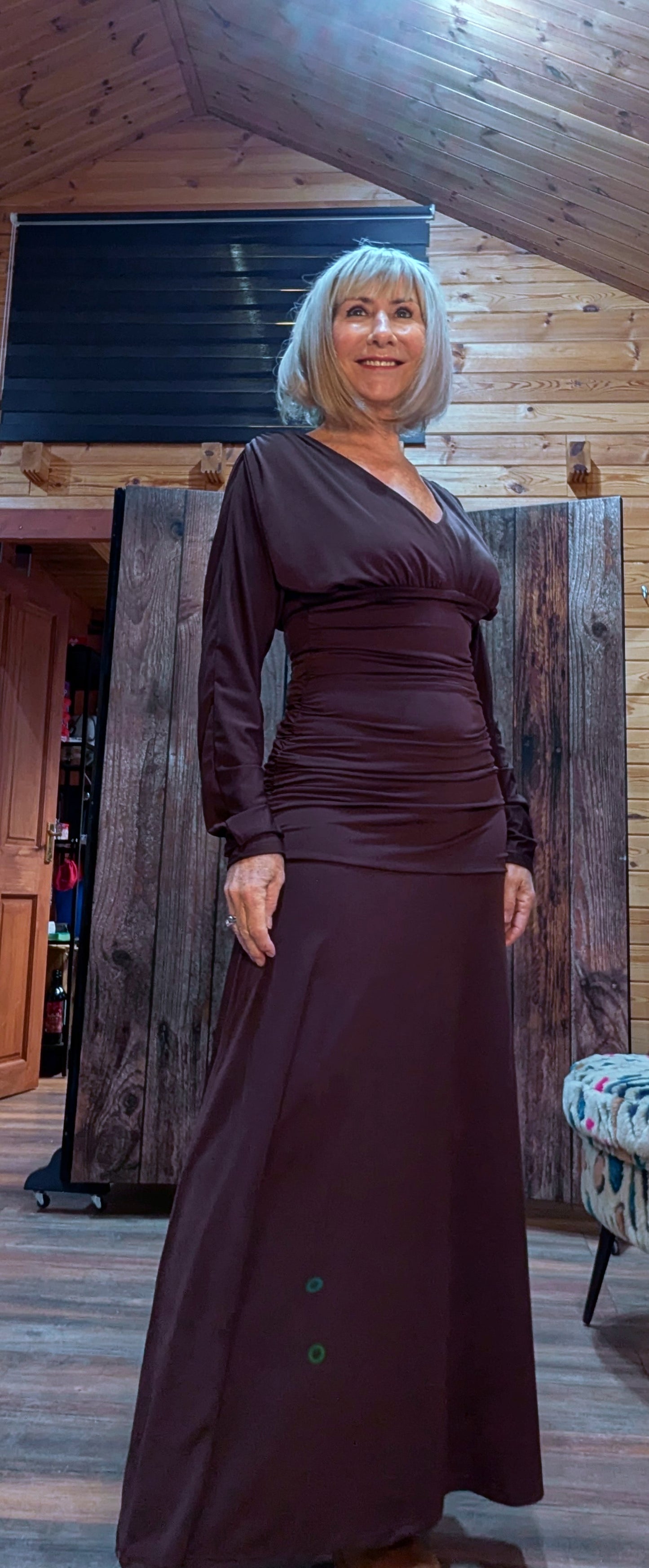 Aspen Ruched Dress – Autumnal Rust with Drop Waist  Slash Neck