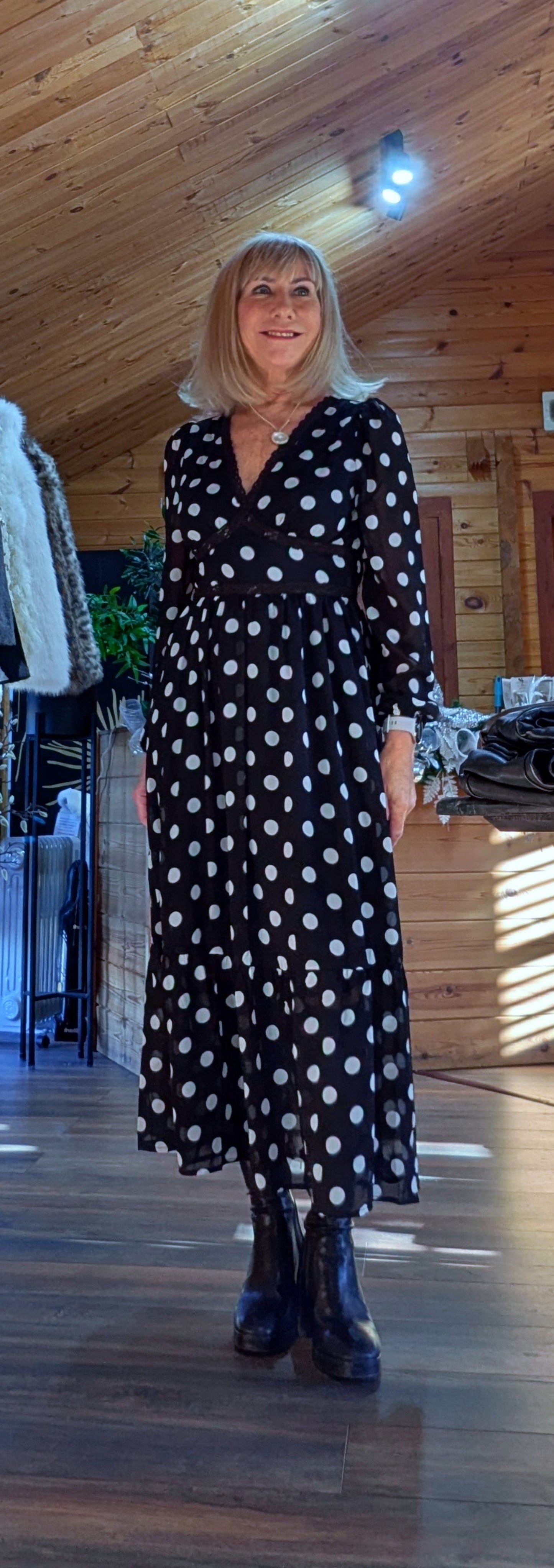 Hazel Polka Dot Print Lace Trim Long Sleeve Midi Dress In Black