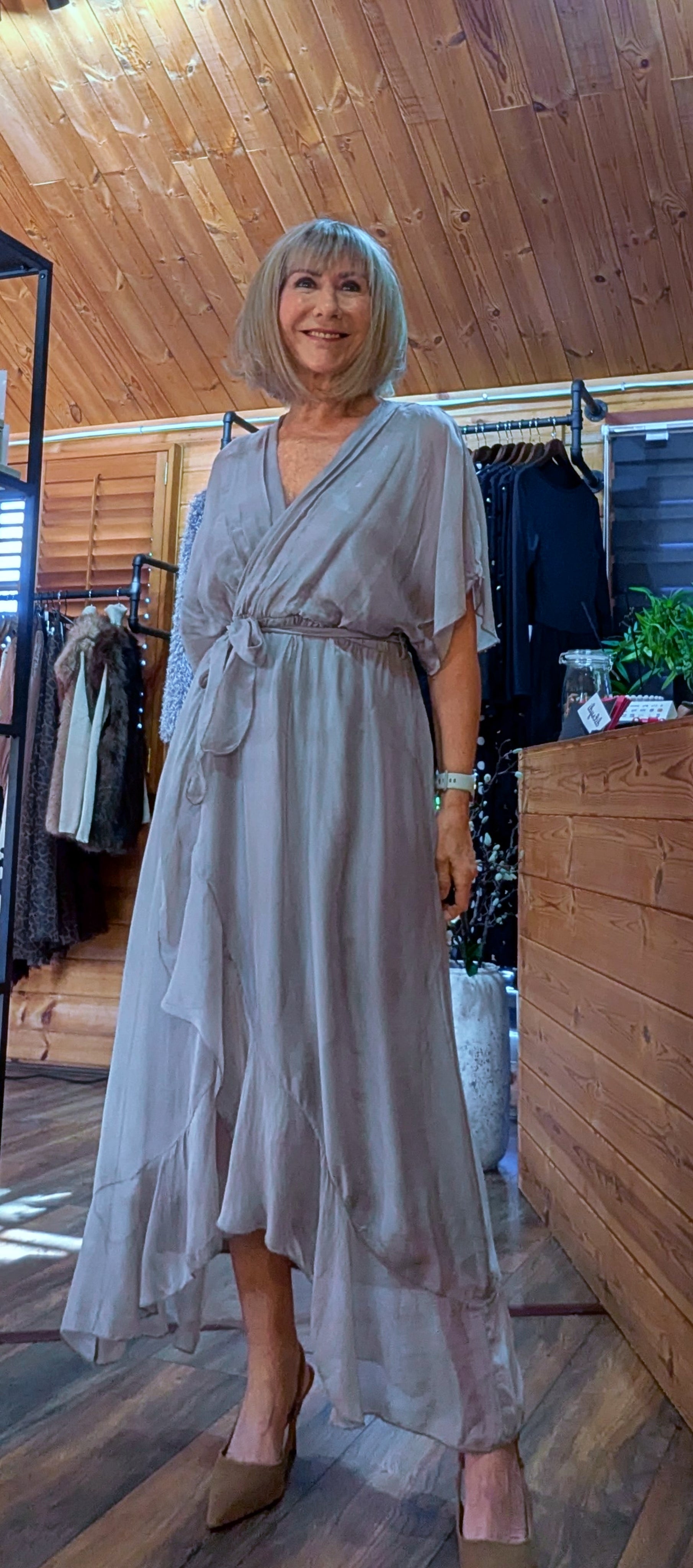 Elaine Silk Midi Wrap Dress with Tie Belt in Taupe 