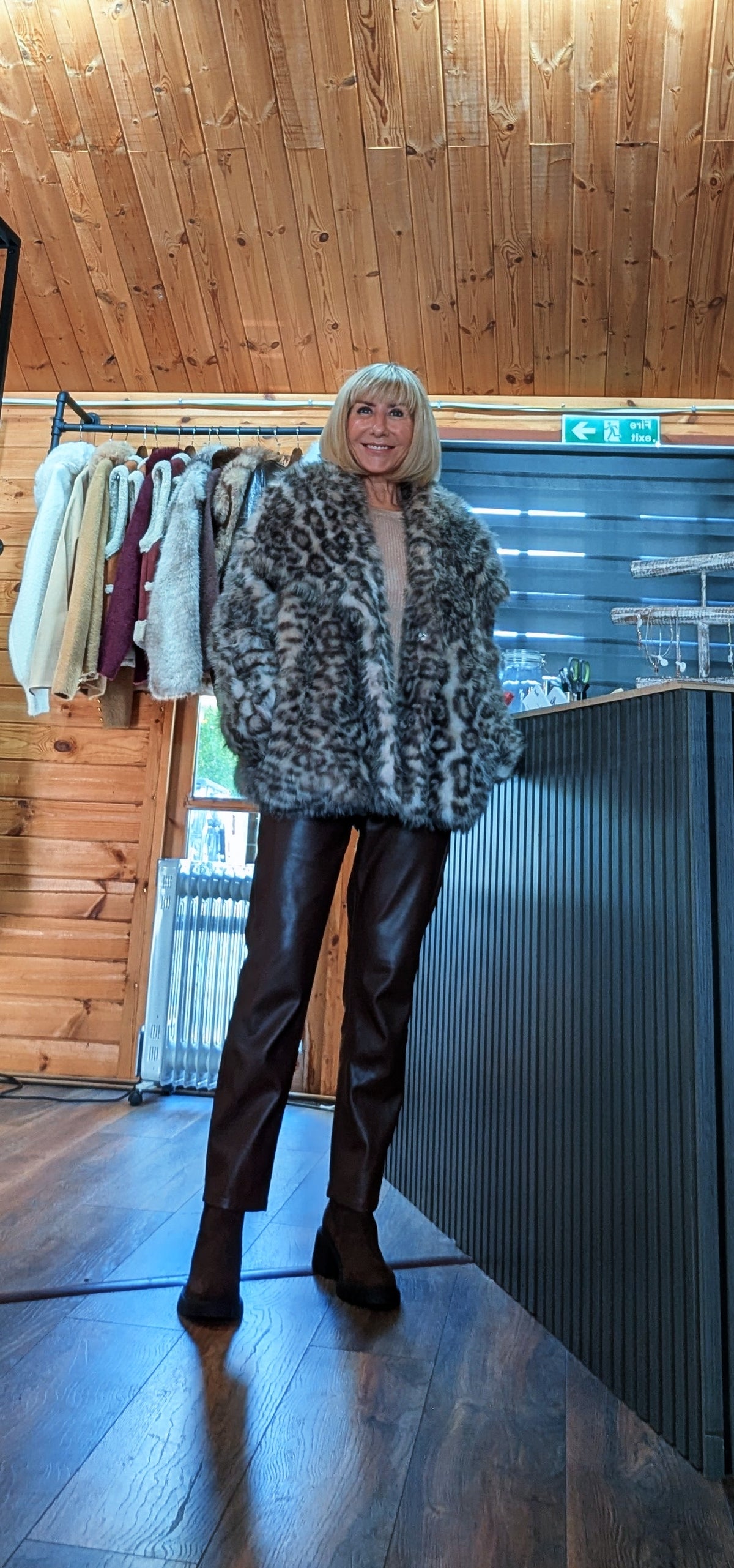 Luxe faux fur taupe leopard print jacket 