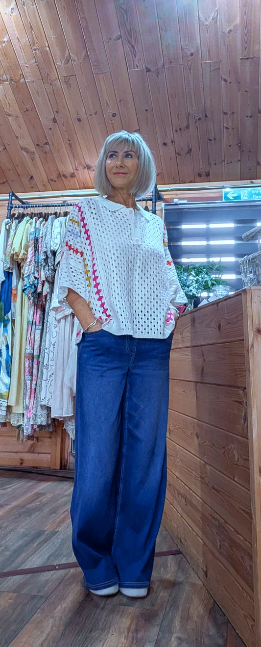 Trudi off white crochet collared top with colourful detail