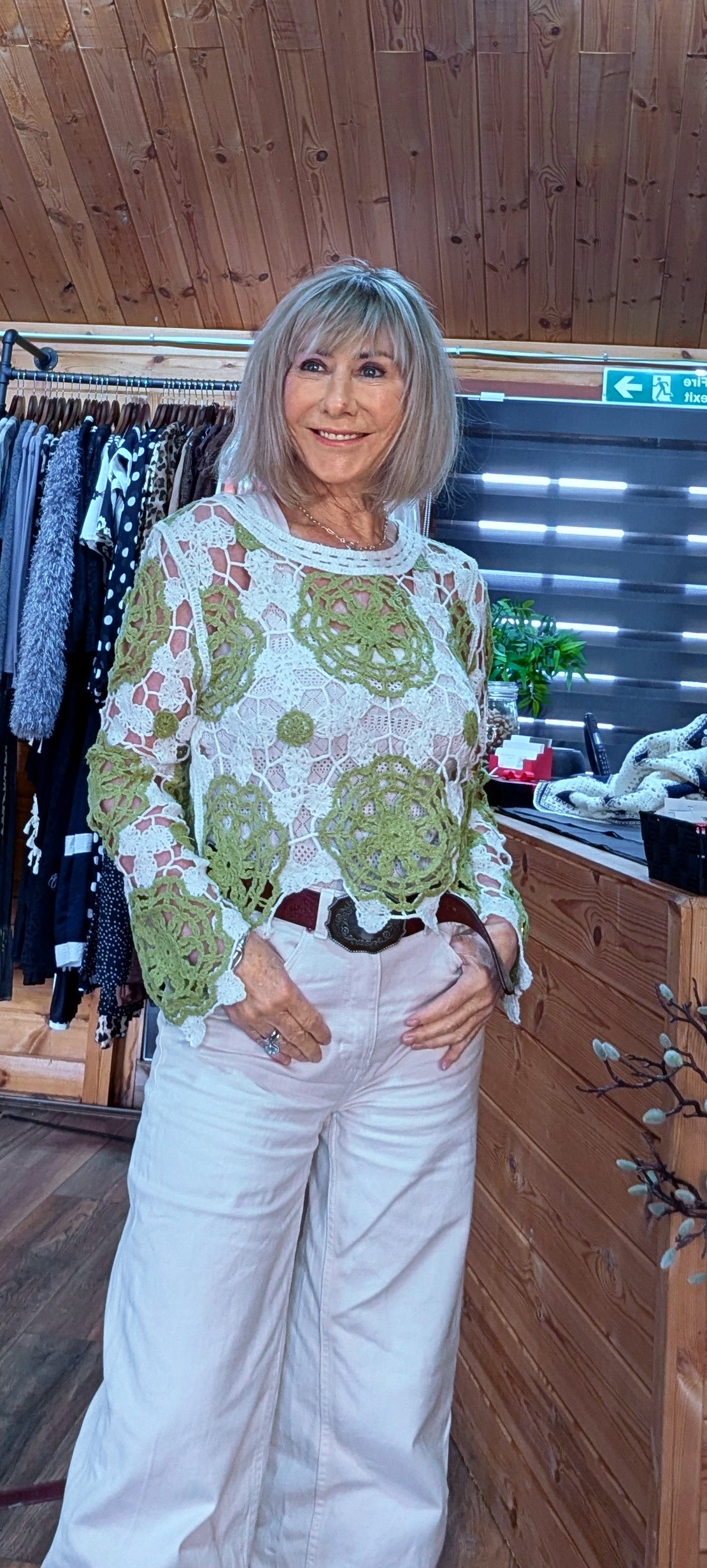 Pippa Green & Ecru Crochet Style Sweater