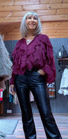 Estelle Bordeaux Ruffle Blouse – V-Neck with Button Front