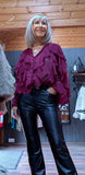 Estelle Bordeaux Ruffle Blouse – V-Neck with Button Front