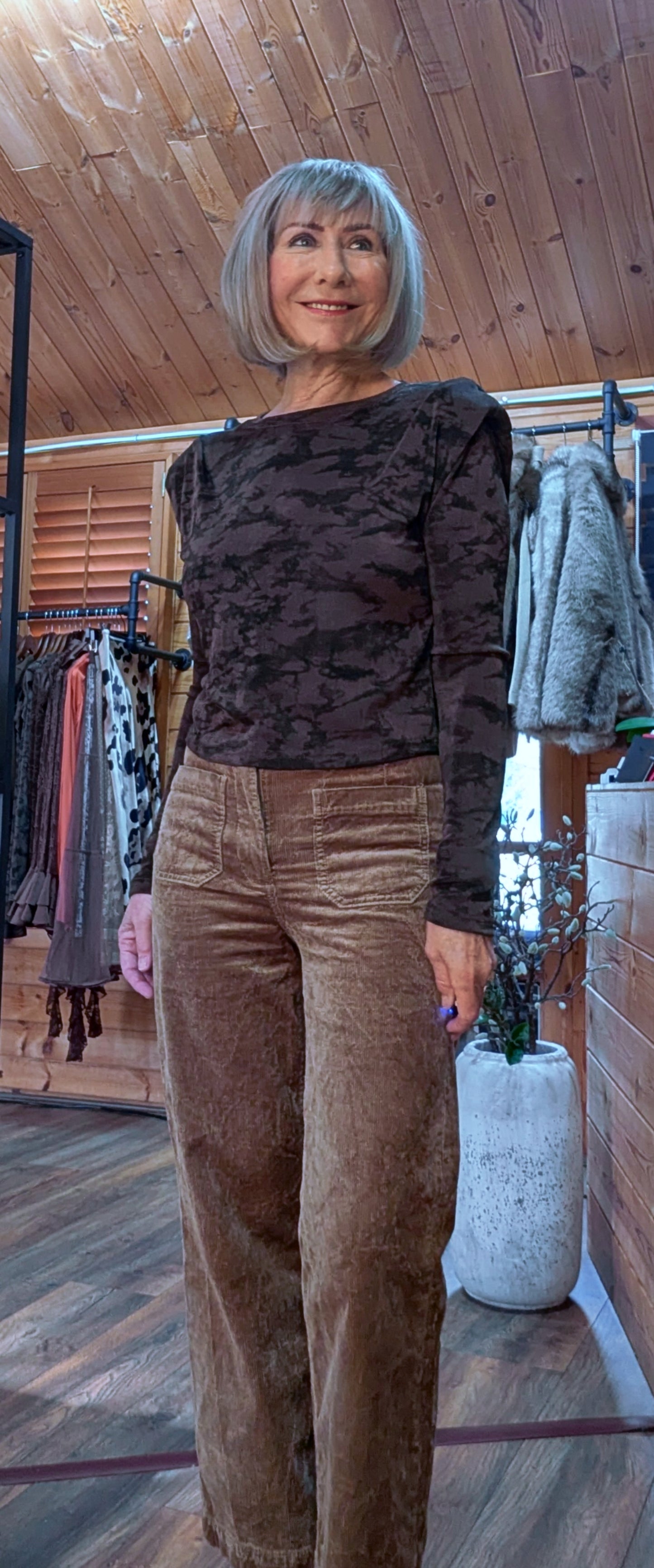 Madeline Lurex Tie-Dye Top – Warm Chocolate with Shoulder Pads