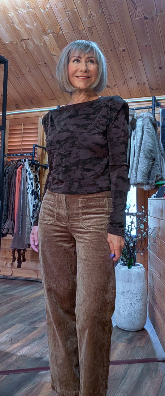 Madeline Lurex Tie-Dye Top – Warm Chocolate with Shoulder Pads