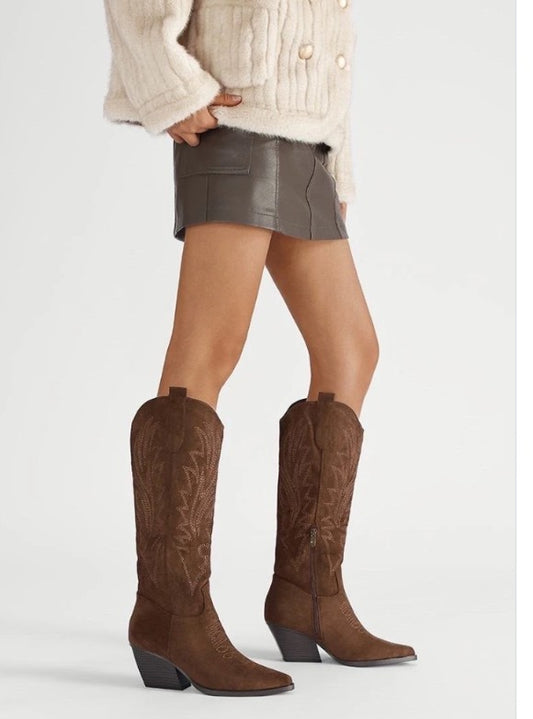 Dakota Faux Suede Cowboy Boots  In Chocolate with embroidery